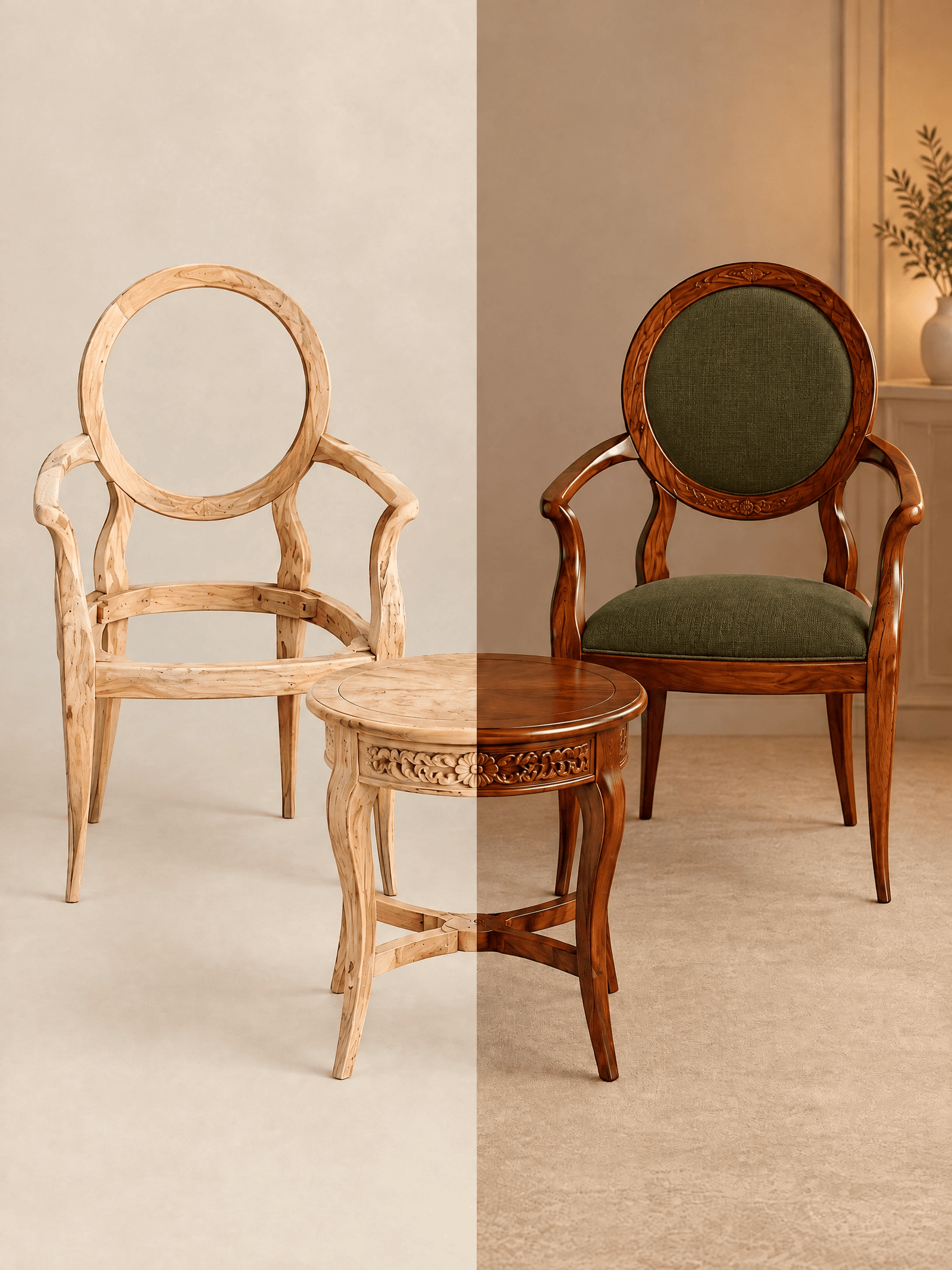A split-screen view showing a raw, unfinished Circular Back Wooden Chair and side table next to their polished, upholstered, and finished versions.