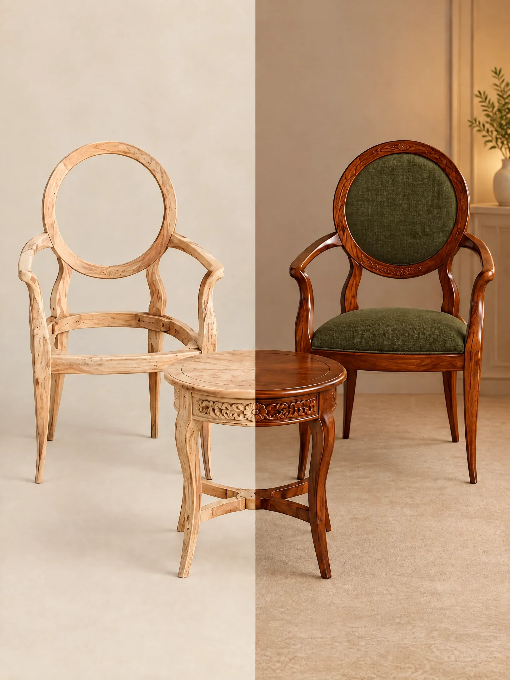 A split-screen view showing a raw, unfinished Circular Back Wooden Chair and side table next to their polished, upholstered, and finished versions.