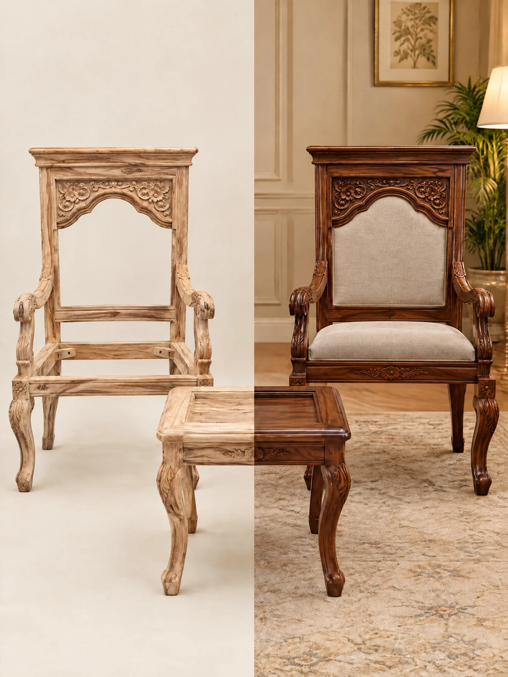 A split view showing the craftsmanship of Bedroom Chairs with Table, displaying both the raw wooden frame and the finished, upholstered furniture set.