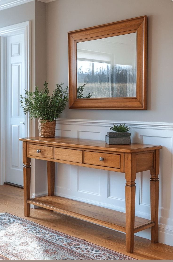A Classic Wooden Drawer Console sits in a hallway below a matching wood-framed mirror, decorated with a potted plant and a small succulent.