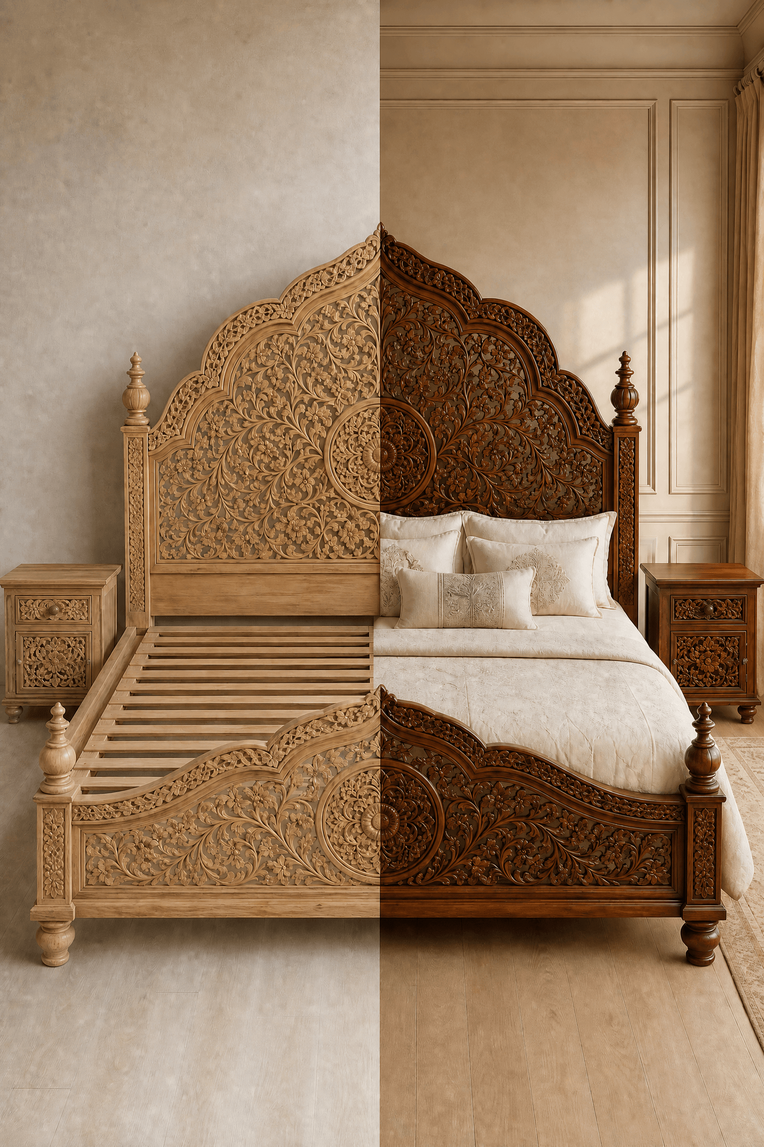 A split-view image showing a Chinioti Mughal Style Bed in light natural wood and dark stained wood, featuring intricate floral carvings and details.