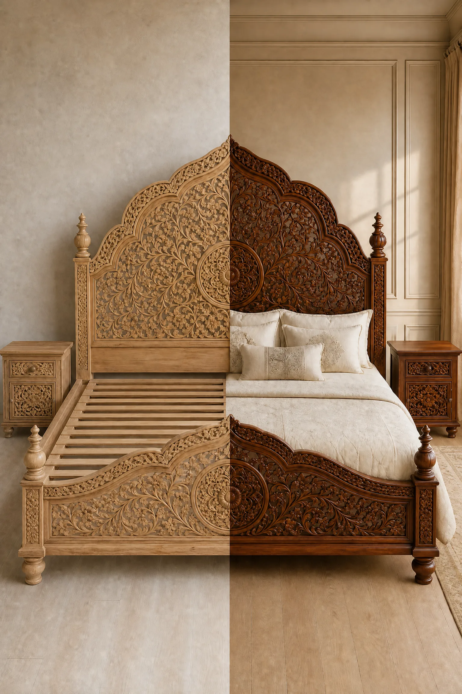 A split-view image showing a Chinioti Mughal Style Bed in light natural wood and dark stained wood, featuring intricate floral carvings and details.