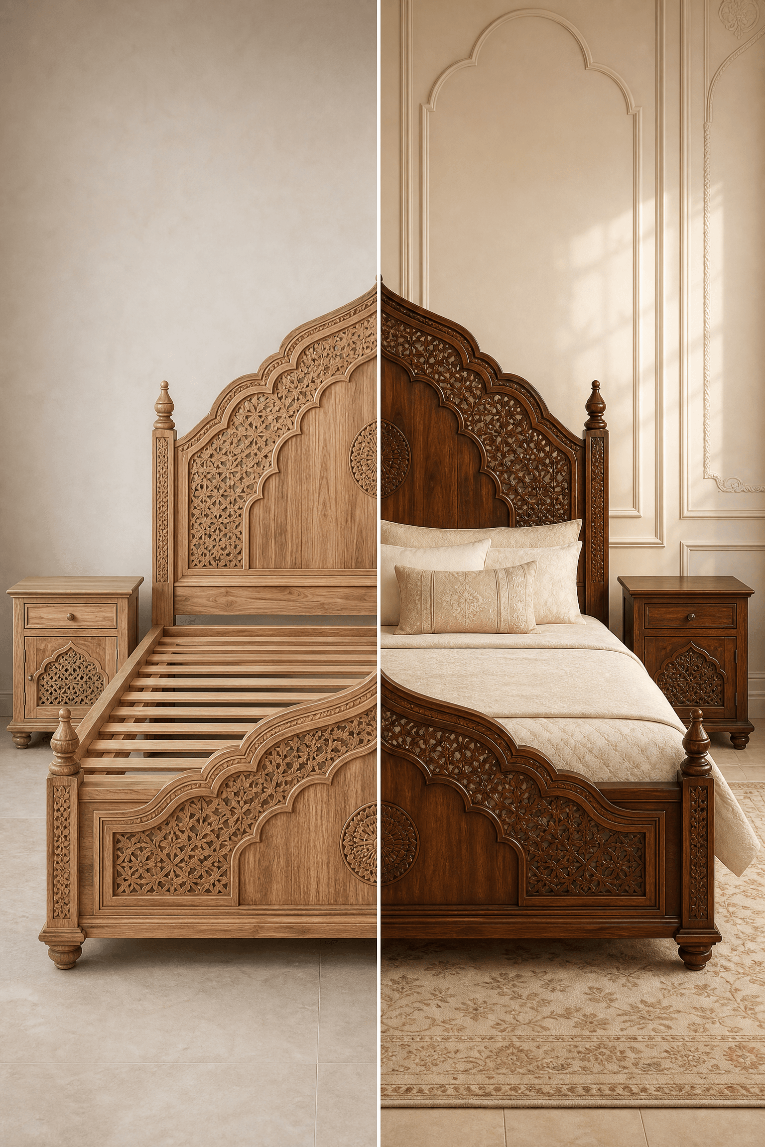 A split-view image showing a Chinioti Mughal Style Bed frame in light wood and a fully styled dark wood version with bedding and nightstands.