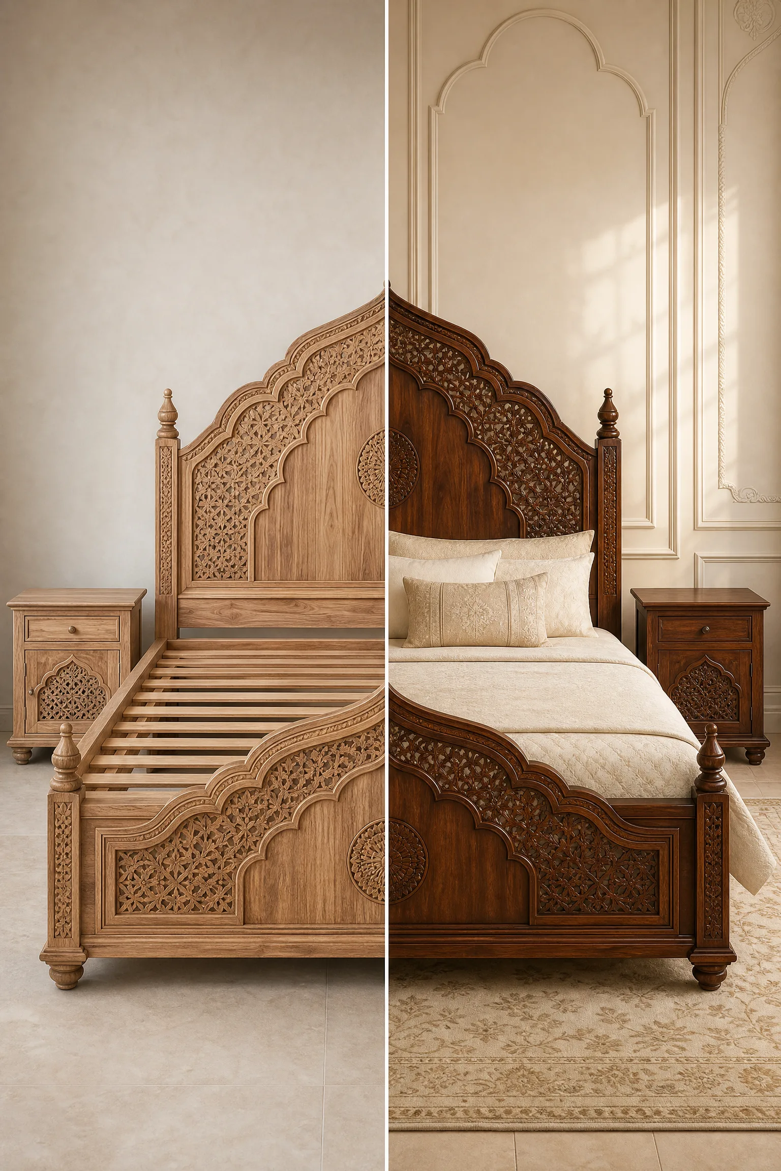 A split-view image showing a Chinioti Mughal Style Bed frame in light wood and a fully styled dark wood version with bedding and nightstands.