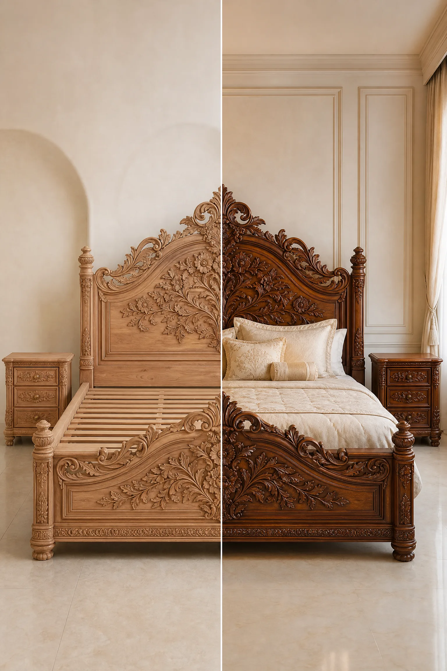 A split-view image showing the Imperial Floral Crown Bed in natural wood and a dark stained finish with detailed carvings in a bedroom setting.