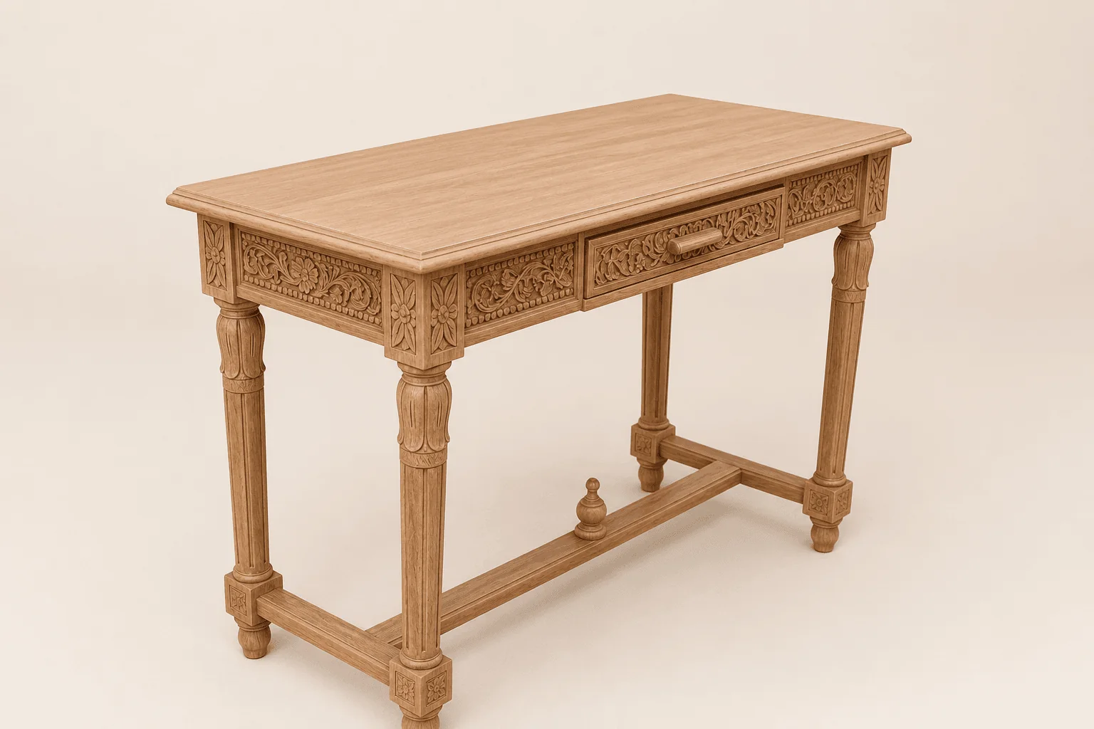 A Premium Carved Wood Console table featuring intricate floral patterns, a single drawer, and elegant turned legs against a plain white background.