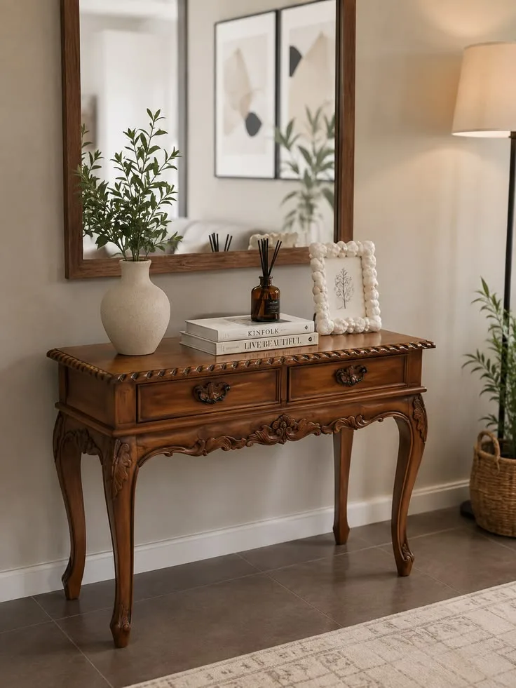 A Luxury Sheesham Console table with carved details, topped with a vase, books, and a picture frame, positioned under a wooden wall mirror.