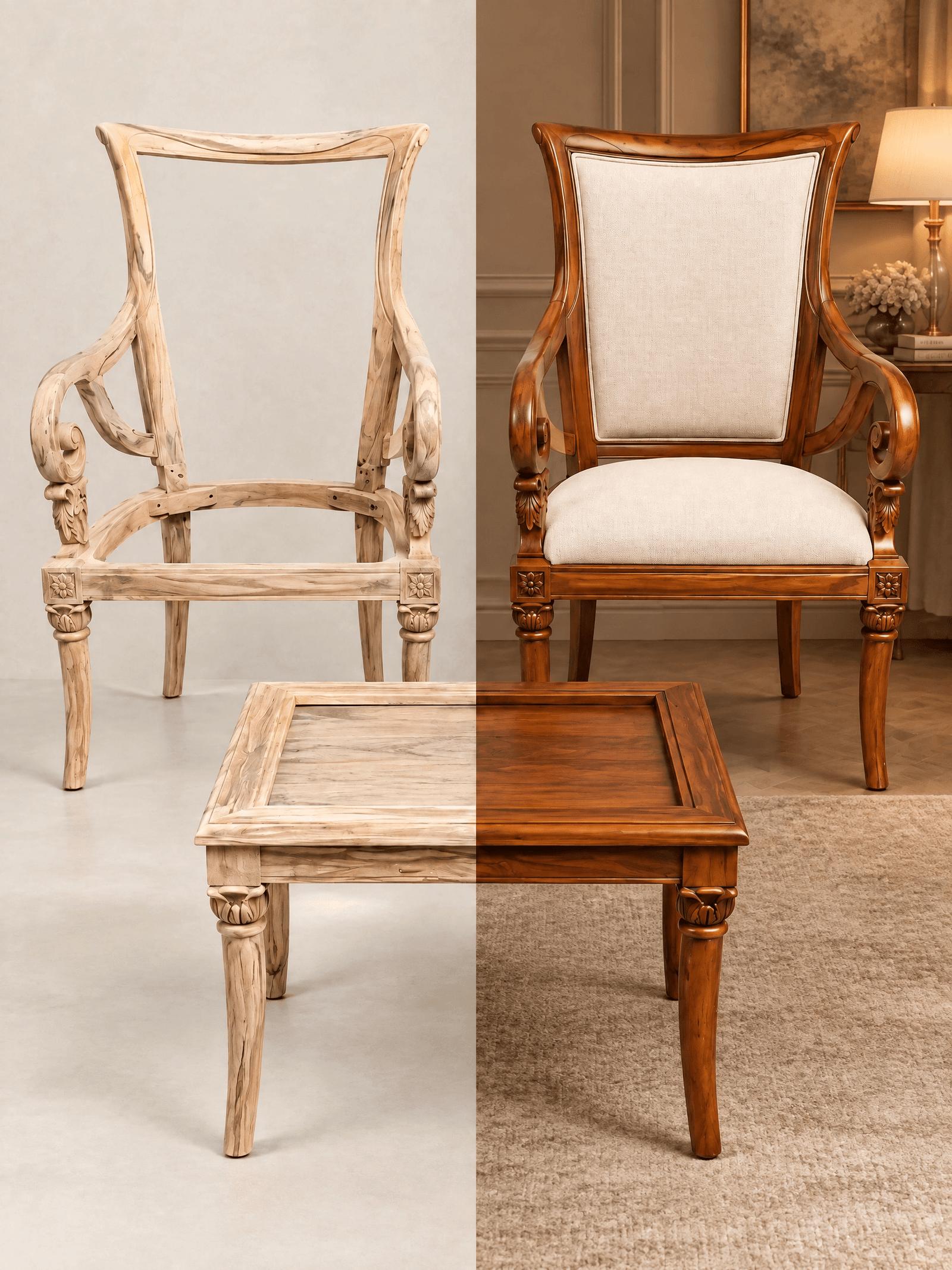 A split-view image showing the raw wood frame and finished upholstery of a Celestique Bedroom Chair Set alongside a matching wooden side table.