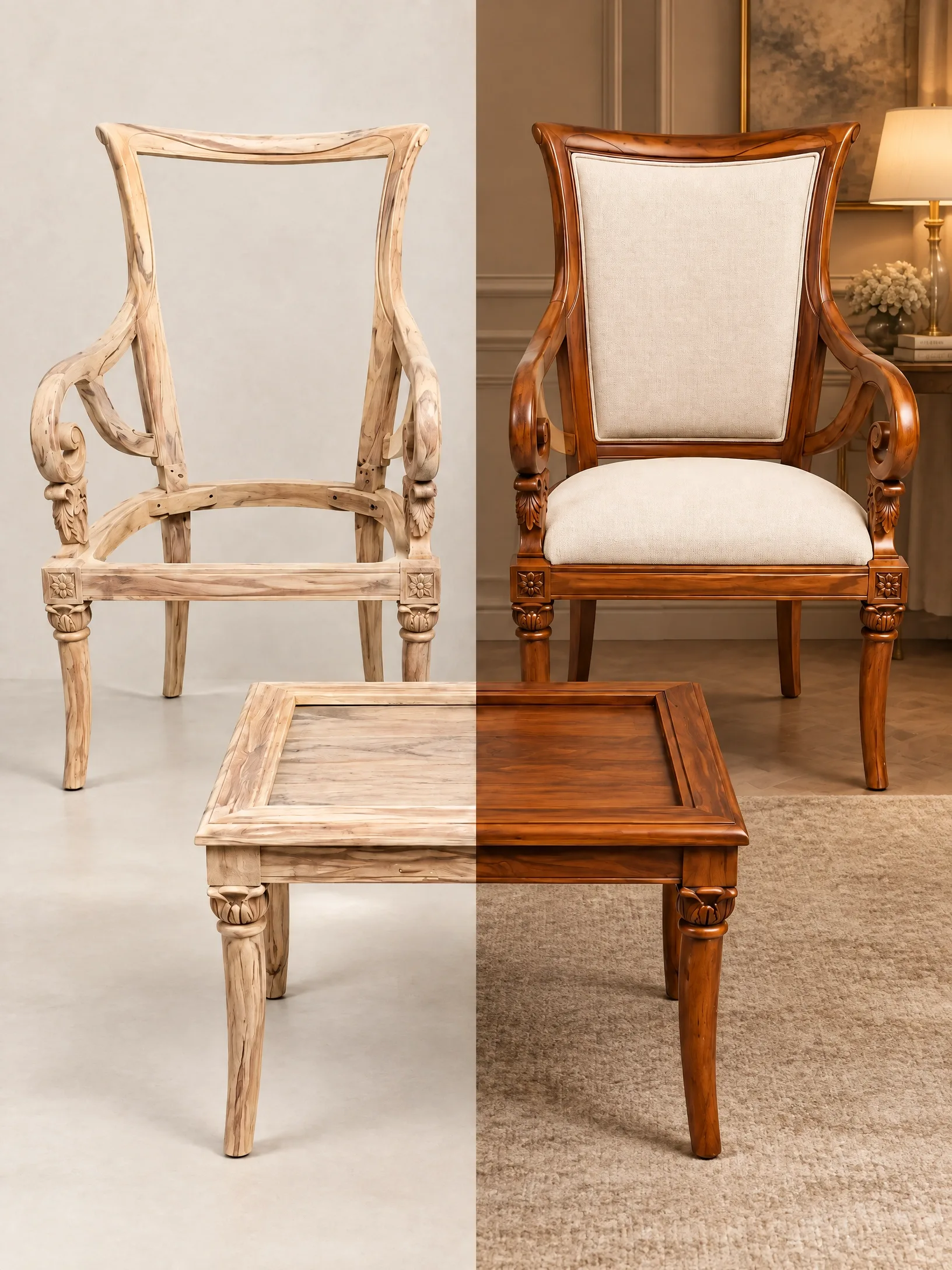A split-view image showing the raw wood frame and finished upholstery of a Celestique Bedroom Chair Set alongside a matching wooden side table.