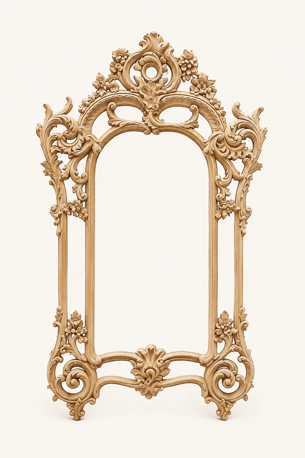 An ornate, empty Handcarved Sheesham Frame featuring intricate floral carvings and elegant scrollwork against a plain white background.
