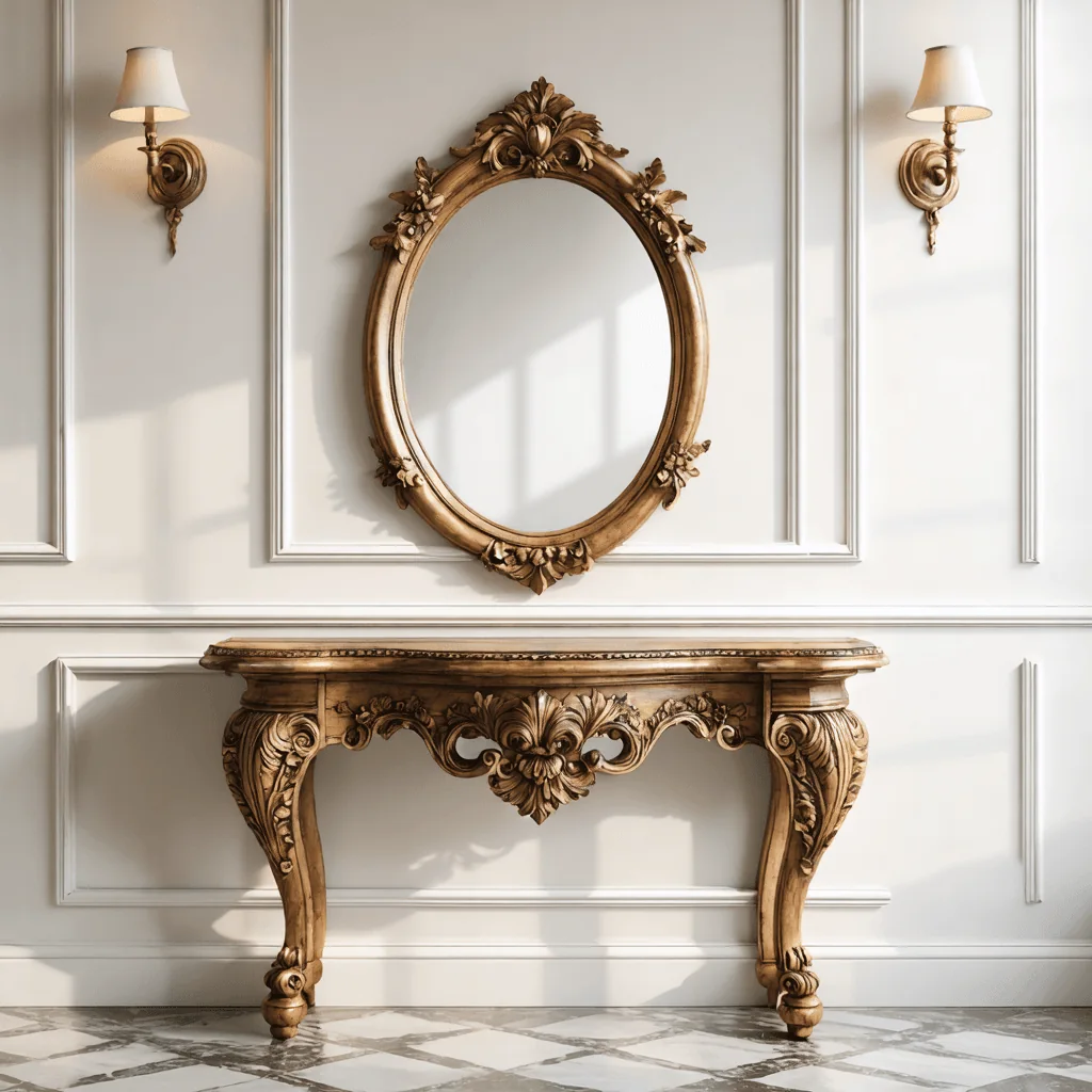 An ornate Sheesham console table sits beneath a matching oval mirror on a white paneled wall, flanked by two elegant wall sconces in a bright room.