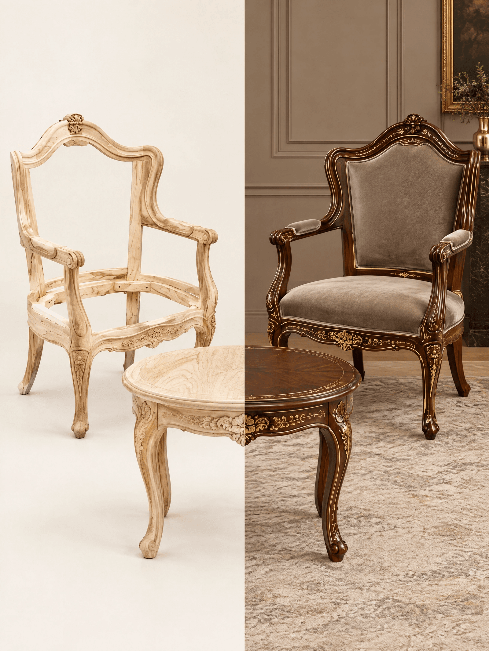 A split-screen view showing the unfinished wooden frame of a Premium Florence Royal Armchair and coffee table next to the fully upholstered version.