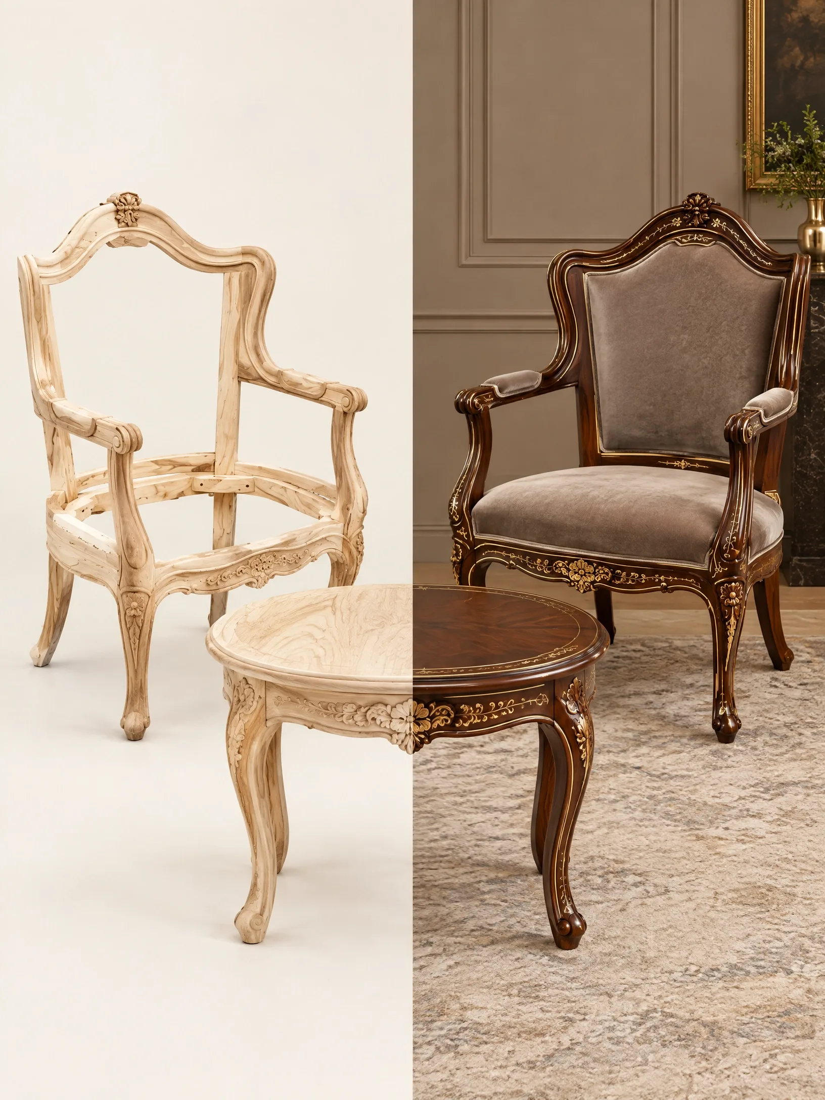 A split-screen view showing the unfinished wooden frame of a Premium Florence Royal Armchair and coffee table next to the fully upholstered version.