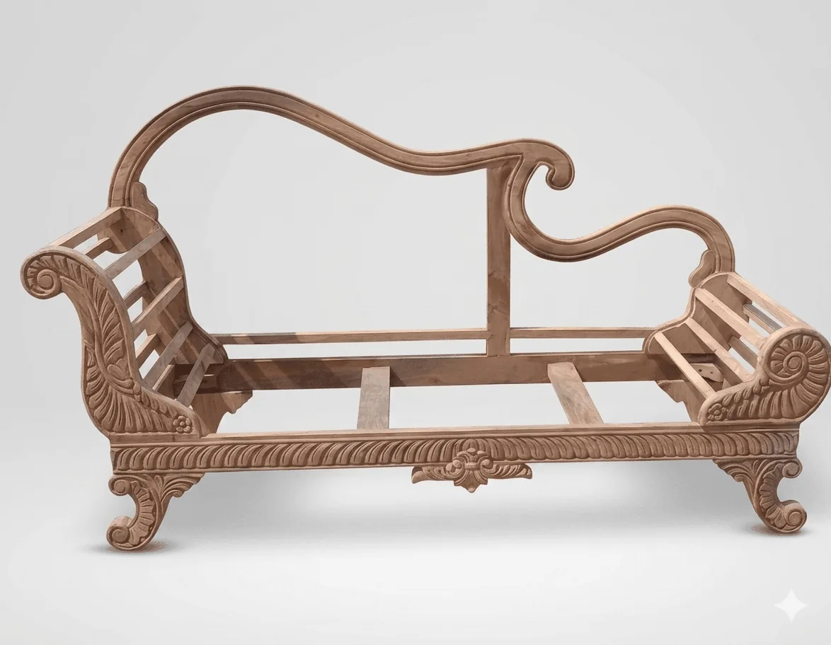 An unfinished wooden frame of a Classic wave Daybed featuring intricate hand-carved floral details and elegant, sweeping scrollwork armrests.