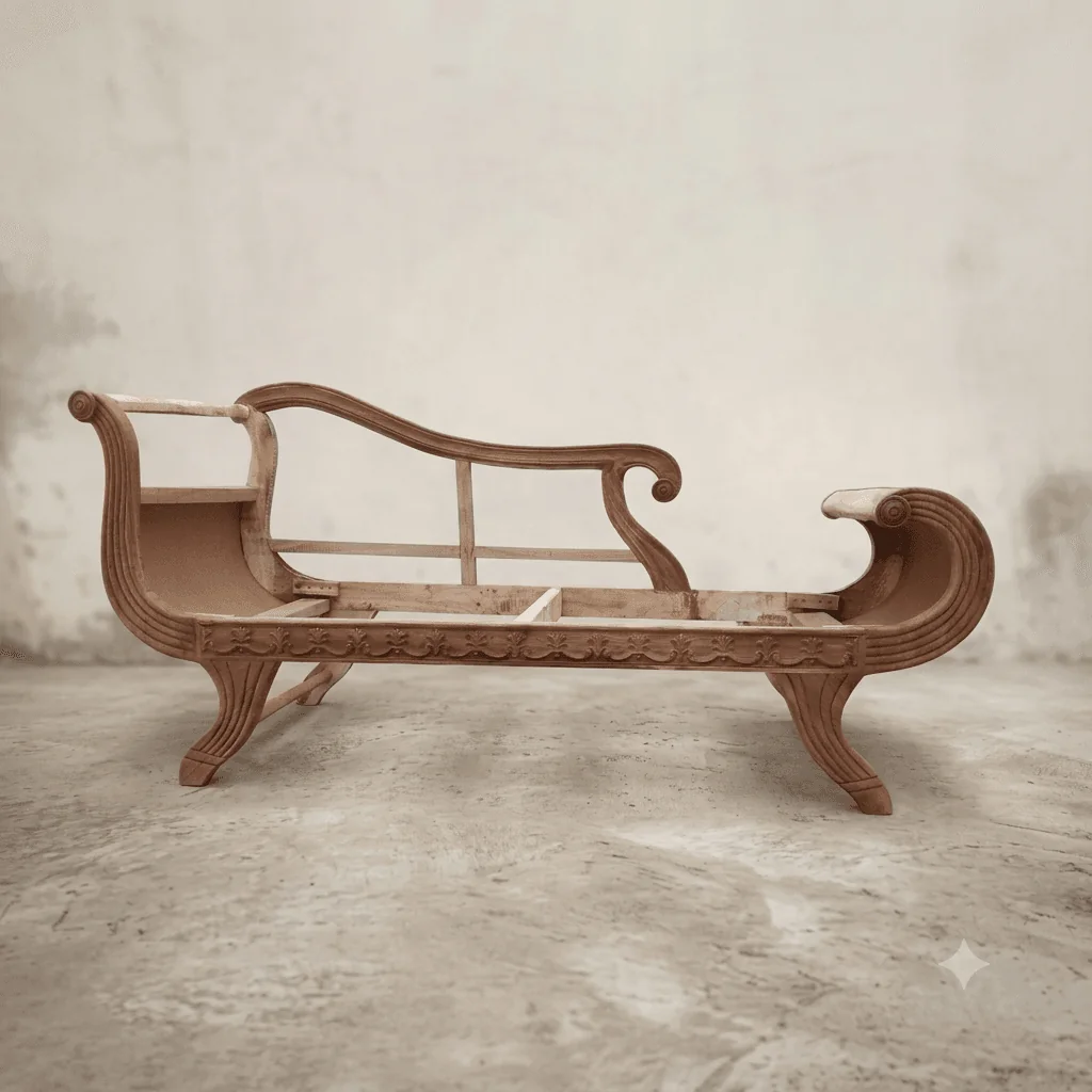 An unfinished Sheesham Deewan wooden frame with elegant carved details, standing on a concrete floor against a plain, neutral background.