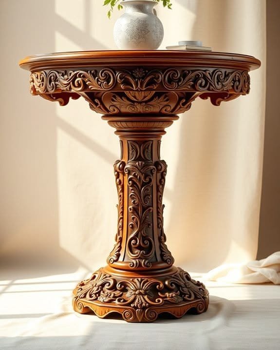 An ornate, hand-carved wooden pedestal table with intricate floral scrollwork, topped with a small white vase, set against a soft, draped backdrop.