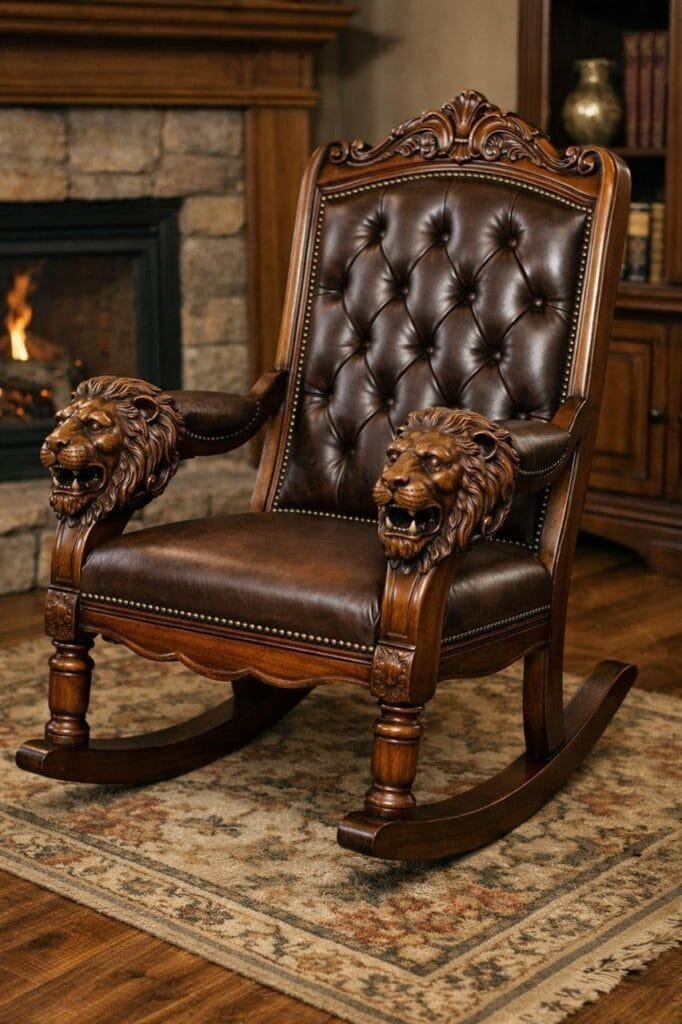 A luxurious dark brown leather rocking chair with carved wooden lion head armrests, positioned on a patterned rug in front of a cozy fireplace.