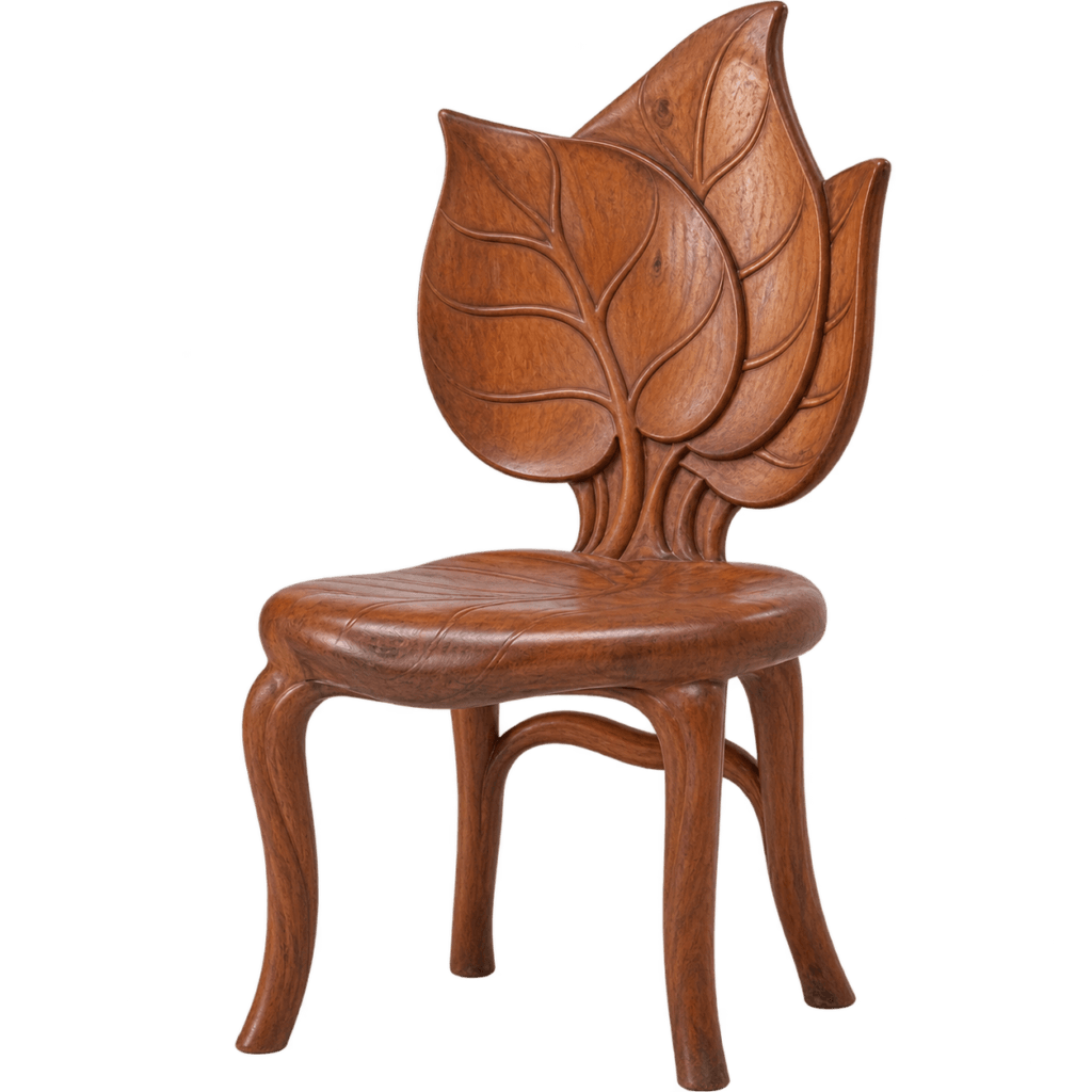 A handcrafted wooden chair featuring a backrest shaped like large overlapping leaves, showcasing intricate Chinioti Wood Blog style craftsmanship.