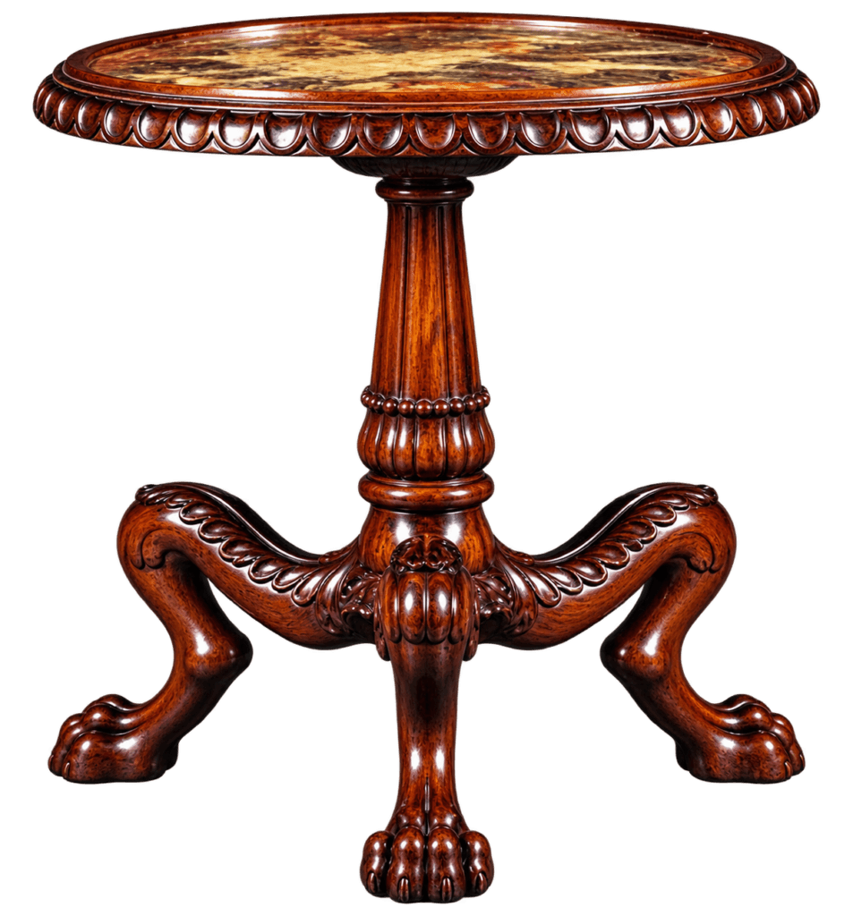 An antique mahogany pedestal table with a marble top and ornate carved tripod legs ending in claw and ball feet against a solid black background.