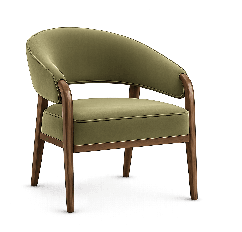 A modern armchair with olive green velvet upholstery and a curved wooden frame, presented against a dark, textured background for our About Us page.