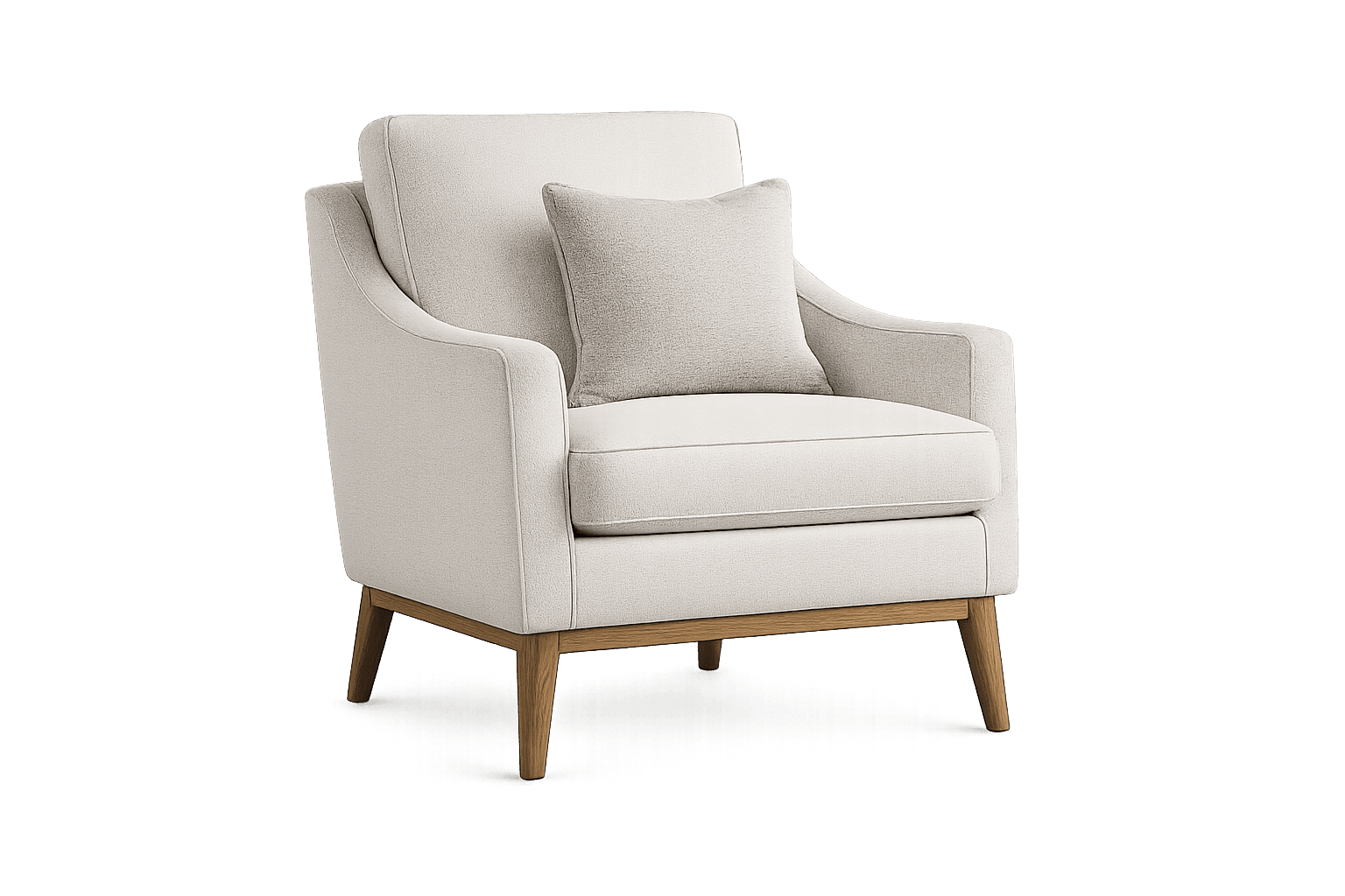 A modern off-white armchair with a matching throw pillow and light wooden legs, isolated against a plain black background for our About Us page.