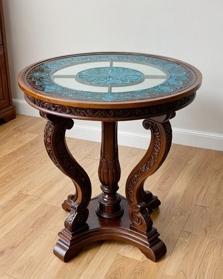 An ornate round wooden side table with carved legs and a glass top featuring a decorative teal floral inlay, standing on a light wood floor.