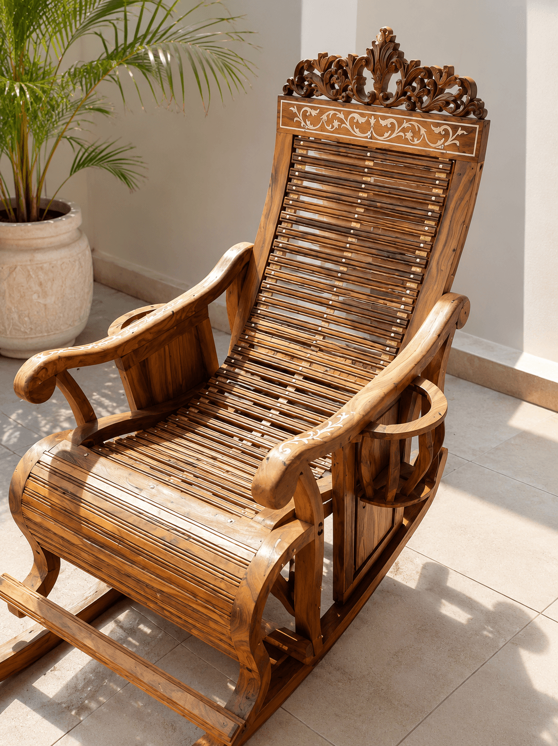 A handcrafted wooden rocking chair with intricate carvings and inlay work, placed on a tiled patio next to a potted palm plant in bright sunlight.