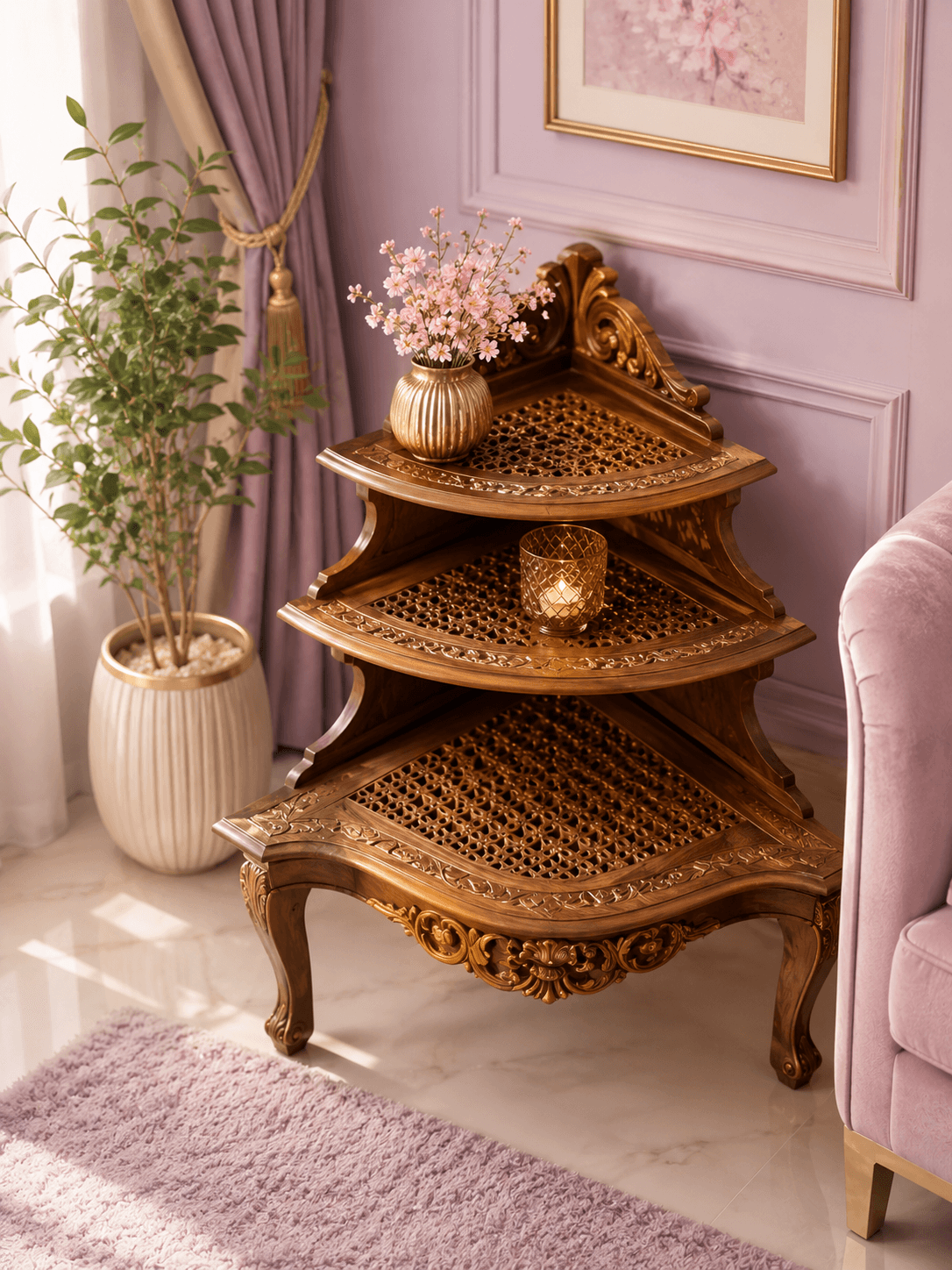 A three-tiered wooden corner table with intricate carvings and cane shelving, holding a vase of pink flowers and a lit candle in a cozy room.