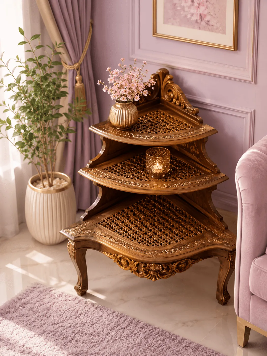 A three-tiered wooden corner table with intricate carvings and cane shelving, holding a vase of pink flowers and a lit candle in a cozy room.