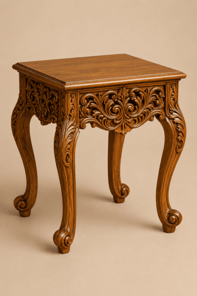 A small, ornate wooden side table with intricate floral carvings and curved cabriole legs, set against a plain, neutral-colored studio background.