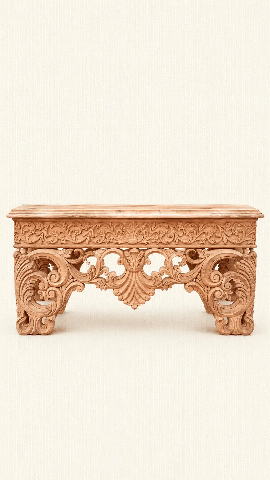 A handcrafted wooden Chinioti Center Table featuring intricate floral carvings and ornate scrollwork legs against a plain white background.