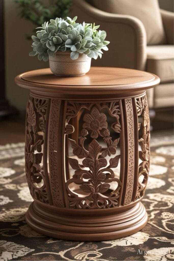 A round wooden side table with intricate floral carvings sits on a patterned rug, holding a small potted succulent in a cozy living room setting.