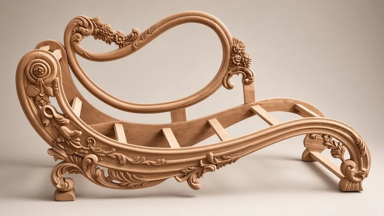 An unfinished Hand Carved Chinioti Deewan frame featuring intricate floral wood carvings and elegant curved lines on a plain light background.