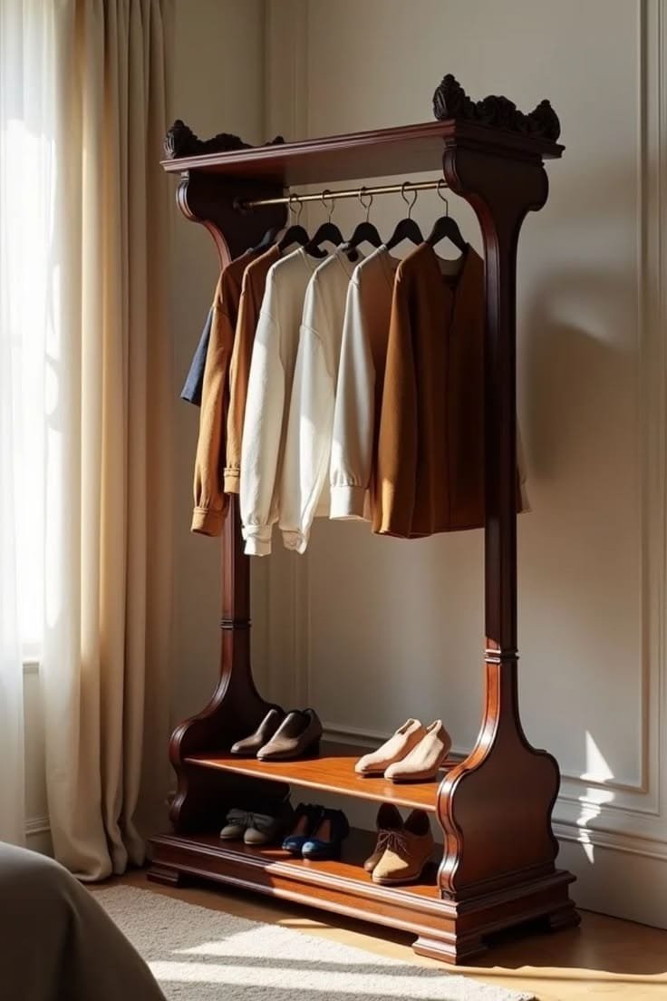 A handcrafted wooden hall tree stands in a sunlit room, holding hanging sweaters on a rod and various pairs of shoes on its lower storage shelves.