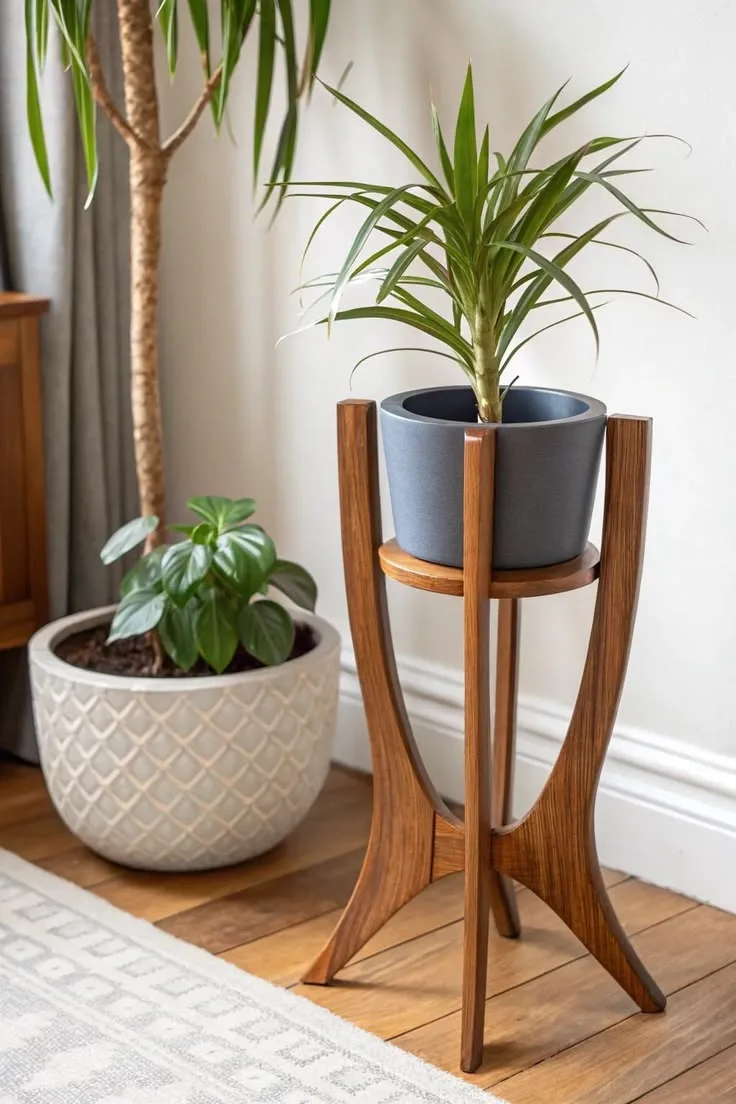 A stylish mid-century modern wooden plant stand holds a gray pot with a green plant, placed on a wooden floor next to a larger potted plant.