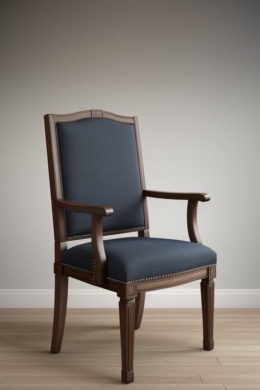 A classic wooden armchair with dark blue fabric upholstery on the seat and backrest, set against a plain light gray wall on a wooden floor.