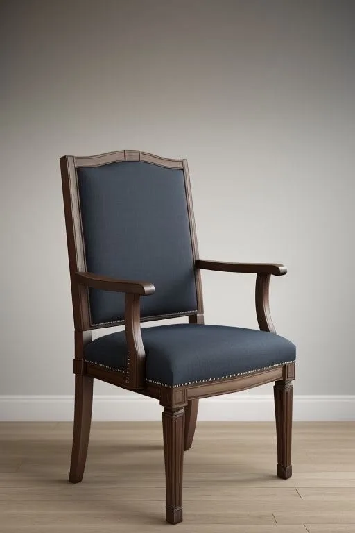 A classic wooden armchair with dark blue fabric upholstery on the seat and backrest, set against a plain light gray wall on a wooden floor.