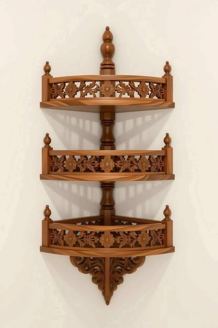 A three-tiered Traditional Corner Wooden Shelf mounted on a wall, featuring intricate floral carvings and a rich, polished wood finish.