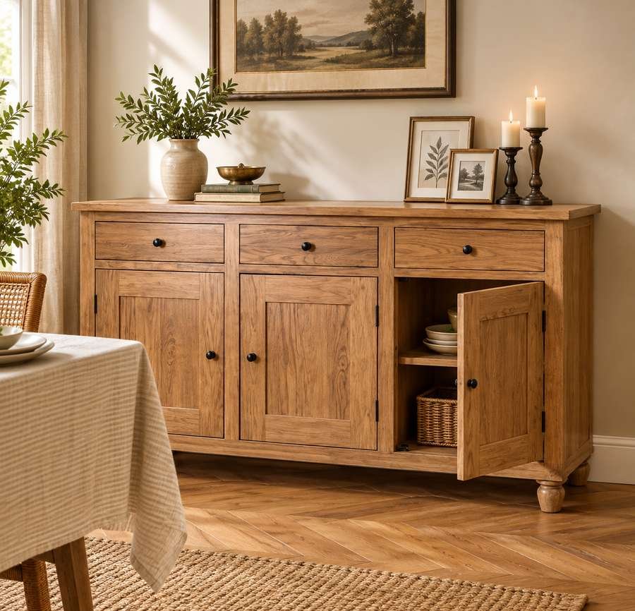 A rustic wooden sideboard with three drawers and cabinets, one open to show shelves, decorated with candles, framed art, and a vase in a dining room.