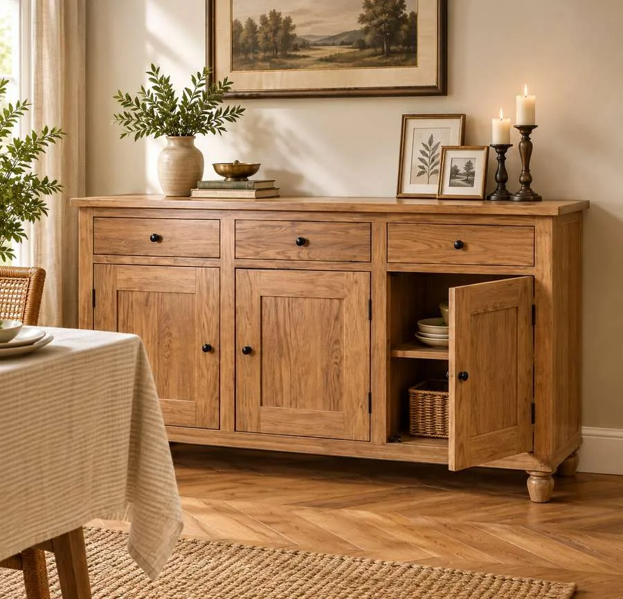 A rustic wooden sideboard with three drawers and cabinets, one open to show shelves, decorated with candles, framed art, and a vase in a dining room.