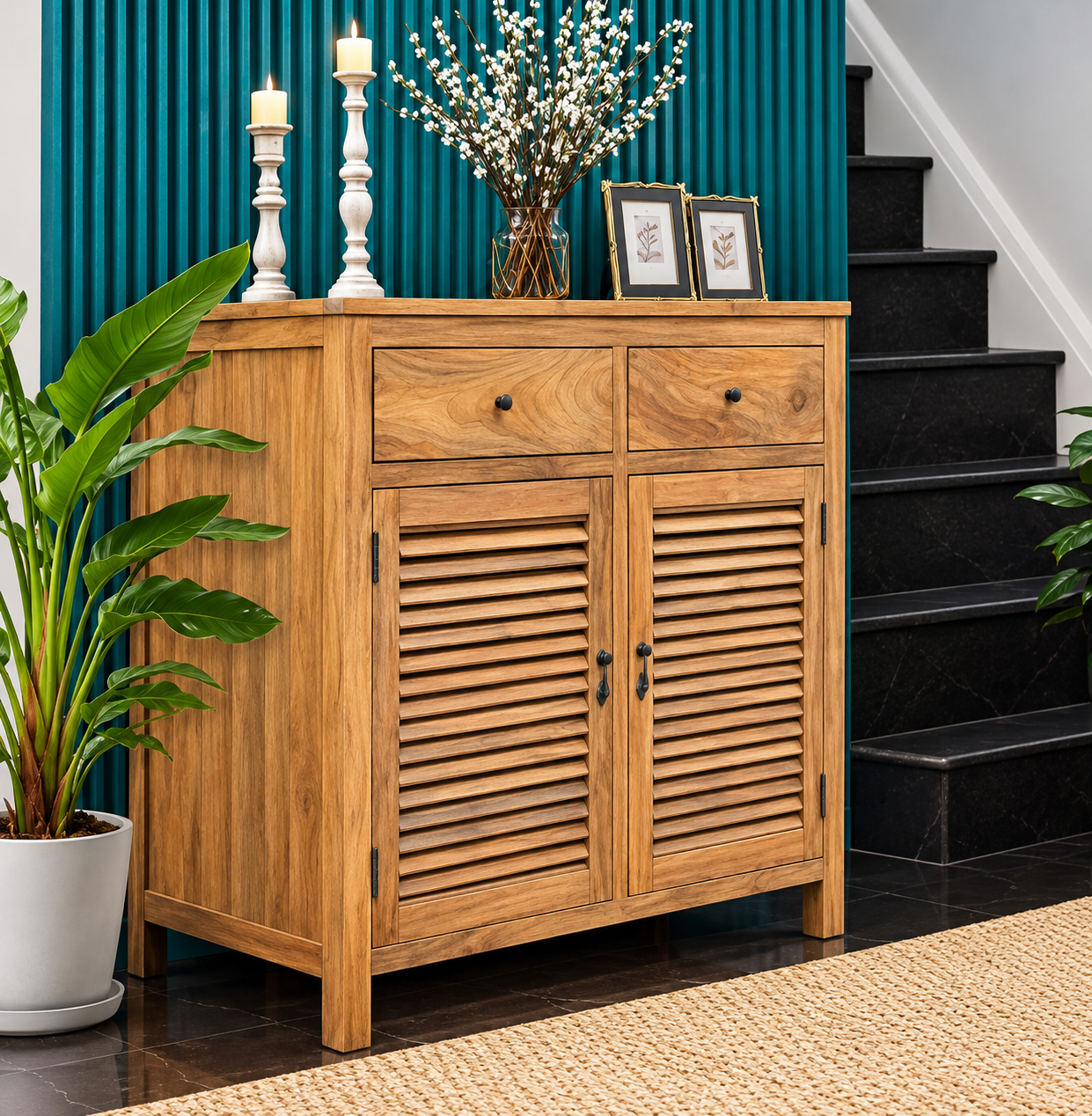 A wooden cabinet with louvered doors sits against a teal wall next to a staircase, decorated with candles, a vase of flowers, and framed pictures.