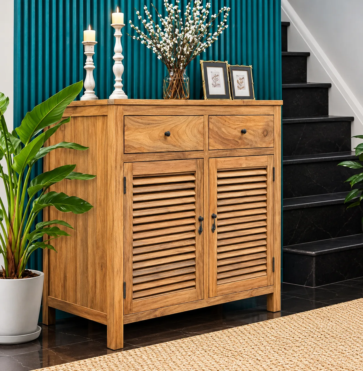 A wooden cabinet with louvered doors sits against a teal wall next to a staircase, decorated with candles, a vase of flowers, and framed pictures.