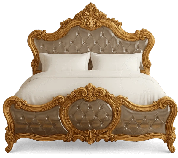 A luxurious Cladsi bed featuring an ornate gold carved frame and tufted beige upholstery, dressed with crisp white bedding against a dark background.