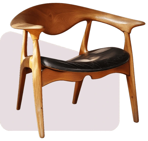 A mid-century modern wooden armchair with a curved backrest and a black leather seat, showcasing the elegant craftsmanship of a Cladsi design.