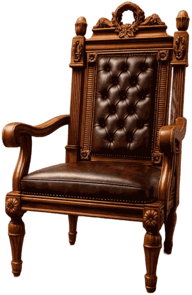 An ornate, antique-style wooden armchair with dark brown tufted leather upholstery, featuring intricate carvings and a high back against a black background.