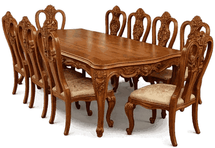 A formal Cladsi dining set featuring a large, ornate wooden table surrounded by eight matching chairs with intricate carvings and upholstered seats.