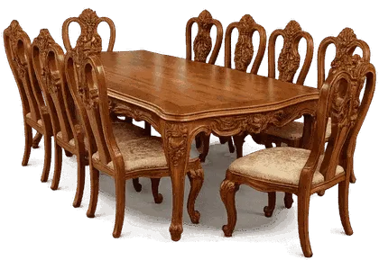 A formal Cladsi dining set featuring a large, ornate wooden table surrounded by eight matching chairs with intricate carvings and upholstered seats.
