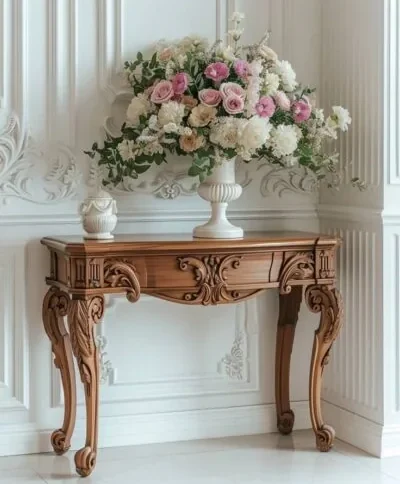 A lush floral arrangement in a white vase sits on an ornate wooden console table against a classic white paneled wall, reflecting Cladsi style.