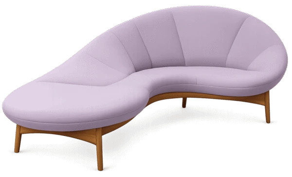 A stylish, curved lavender sofa by Cladsi with a light wooden frame and tapered legs, isolated against a dark brown background for a modern look.