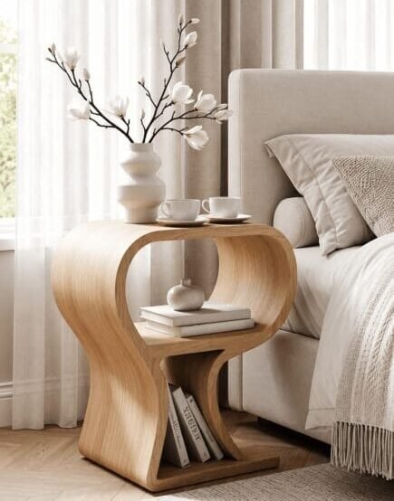 A curved wooden nightstand by a bed features a vase with magnolia branches, two coffee cups, books, and decor, reflecting the Cladsi aesthetic.